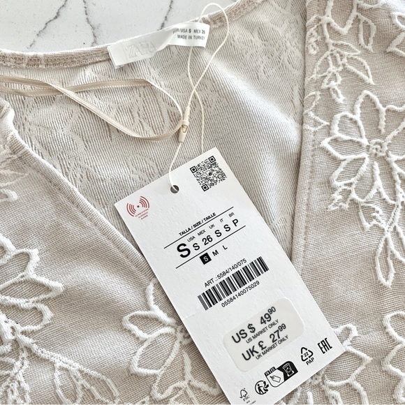 ☀️ ZARA Textured Floral Rustic Midi Dress with Belt in Ecru Beige Small S - Picture 14 of 16